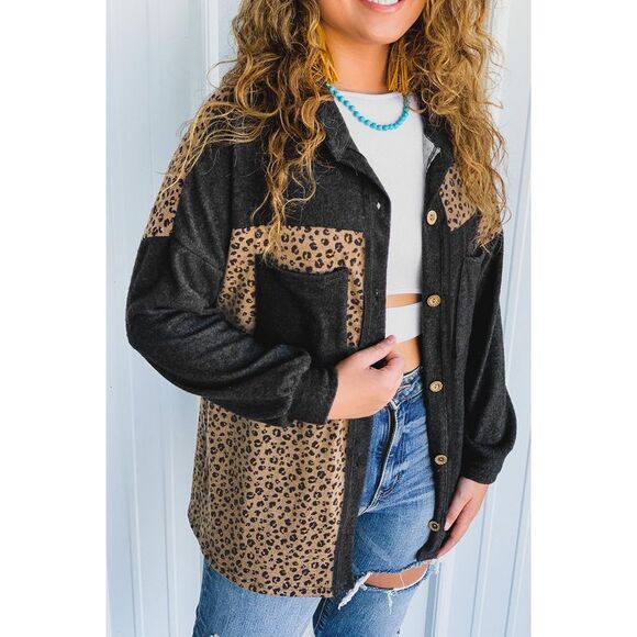 Azura Exchange  Black Leopard Print Patchwork Shacket - Picture 2 of 5